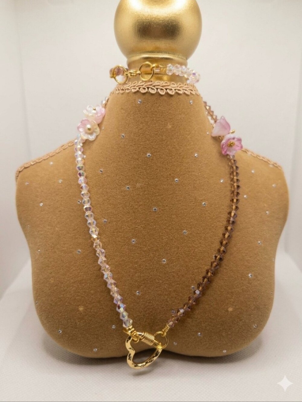Crystal Bead Butterfly Flower Pink and Purple Iridescent Necklace